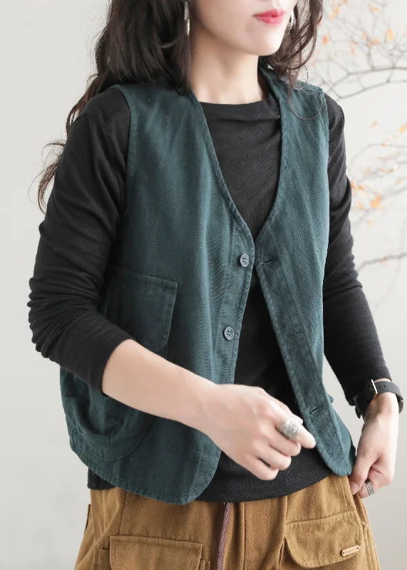 Women's Coats with Fur Trimmed ZipperGreen V Neck Button Pockets Waistcoat Sleeveless