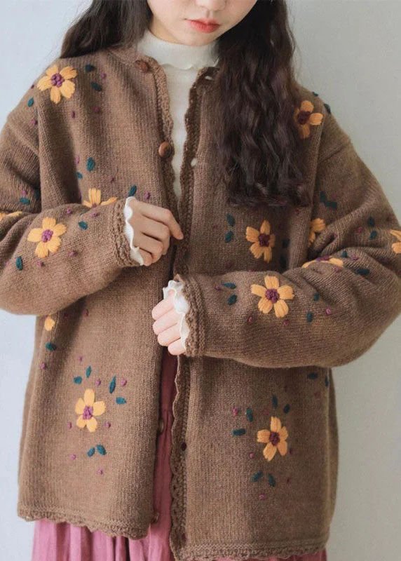 Women's Wool CoatsHandmade Coffee Embroideried Floral Lace Patchwork Cotton Knit Coats Long Sleeve