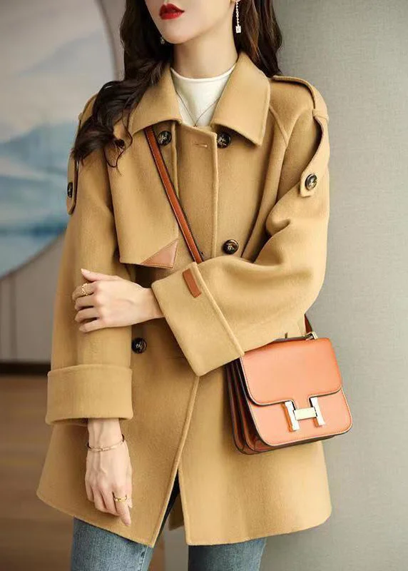 Women's Leather CoatsFrench Light Camel Peter Pan Collar Double Breast Woolen Coats Fall