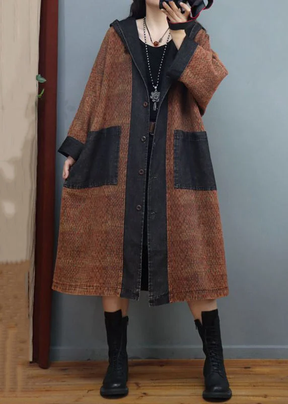 Women's Coats with Fur Trimmed ButtonsLoose Coffee Hooded Button Denim Patchwork Long Coats Fall