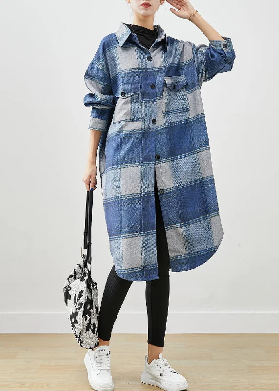 Women's Coats with HoodHandmade Blue Plaid Woolen Shirt Trench Coats Fall