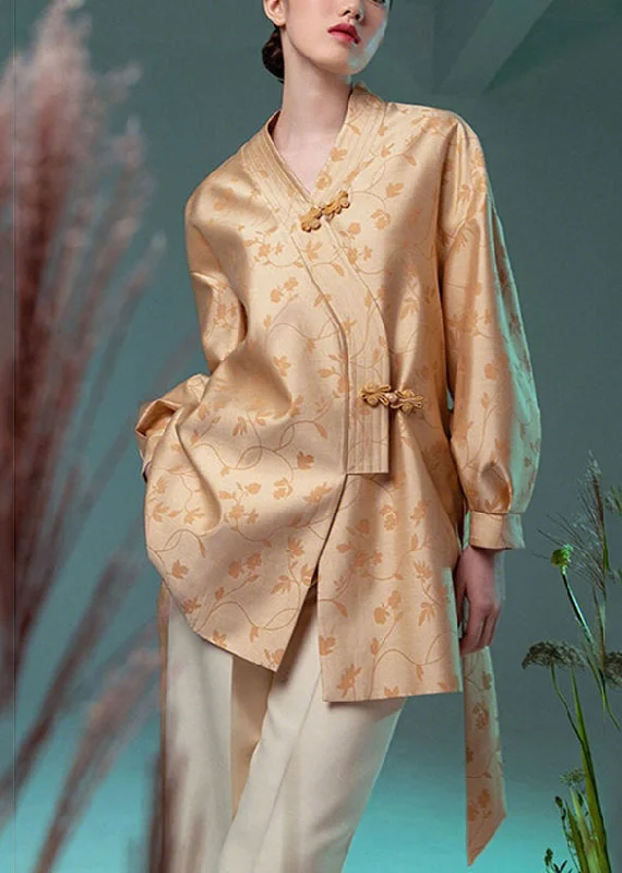 Women's Rain CoatsJacquard Yellow V Neck Chinese Button Silk Coat Long Sleeve