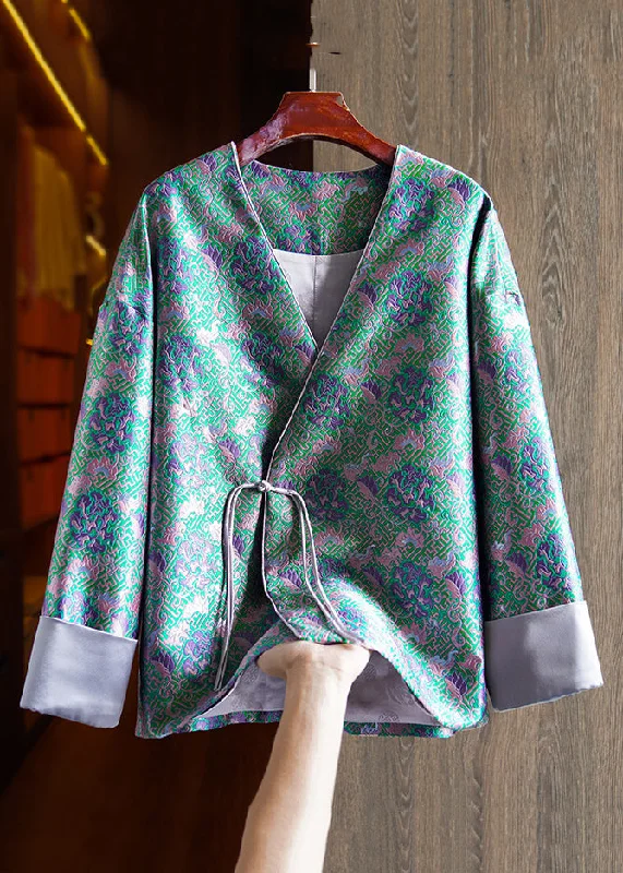 Women's Coats with Fur Trimmed HoodJacquard Green V Neck Chinese Button Patchwork Silk Coats Long Sleeve