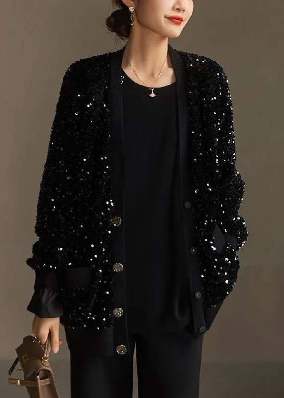 Women's Duffle CoatsHandmade Black Sequins Button Pockets Cotton Coat Spring