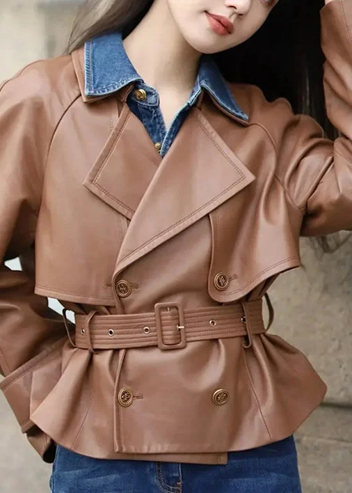 Women's Coats with Fur Trimmed SleevesItalian Coffee Peter Pan Collar Tie Waist Faux Leather Coats Fall