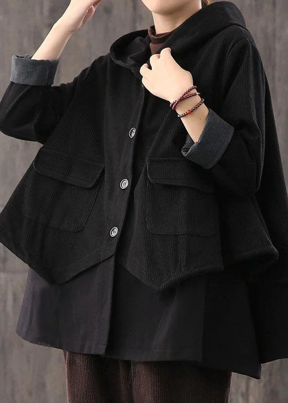 Women's Coats with Fur Trimmed CollarHandmade Black drawstring Patchwork Striped Casual Coat Fall