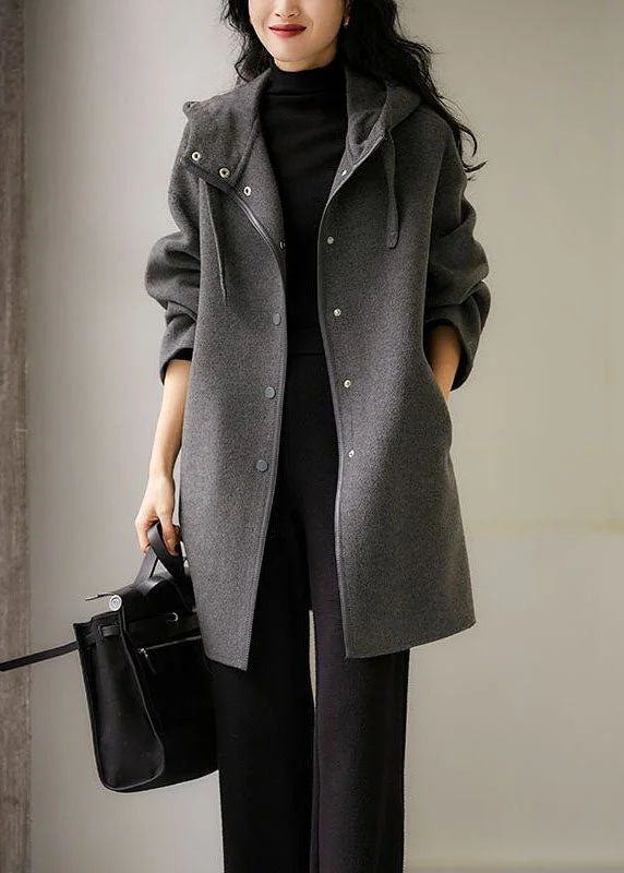 Women's Coats with Fur TrimFrench Dark Gray Drawstring Button Hoodie Wool Blend Coat Long Sleeve