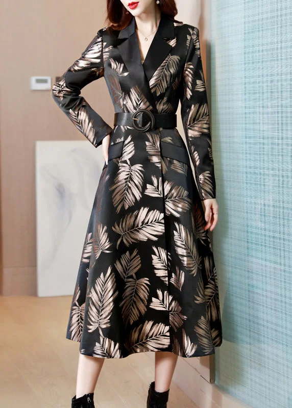 Women's Coats with SleevesJacquard Black Sashes Pockets Cotton Long Trench Coat Fall