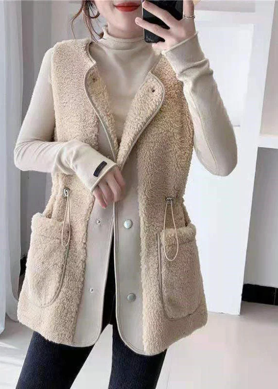 Women's Leather CoatsLoose Apricot drawstring Faux Fur Winter waistcoat