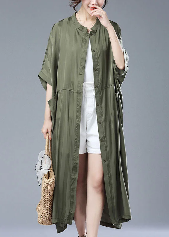 Women's Bomber CoatsLoose Army Green Striped Pockets Patchwork Long Trench Coat Summer