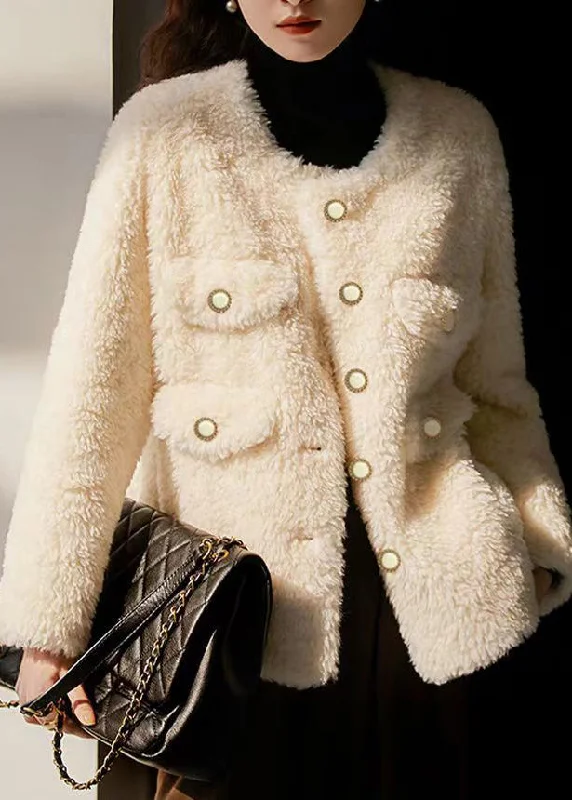 Women's Coats with BeltItalian Beige O Neck Pockets Button Patchwork Wool Coats Winter