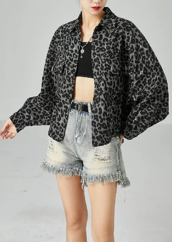 Women's Coats with Fur Trimmed ButtonsGrey Leopard Print Cotton Coats Peter Pan Collar Pocket Batwing Sleeve