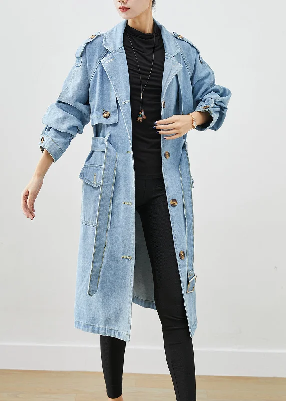 Women's Coats with Fur Trimmed CollarItalian Light Blue Notched Tie Waist Denim Trench Coat Fall