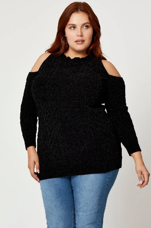 Women's Shirt Collar SweatersBlack Knit Top Round Neck Long Sleeve Cold Shoulder