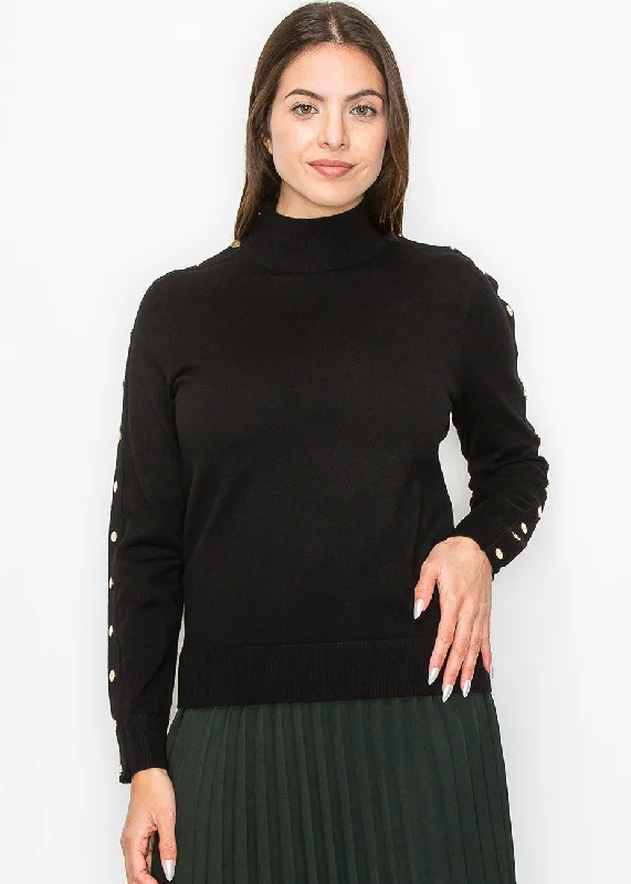 Women's Montenegrin Wool SweatersBlack Buttoned Sleeve Mock Neck Top