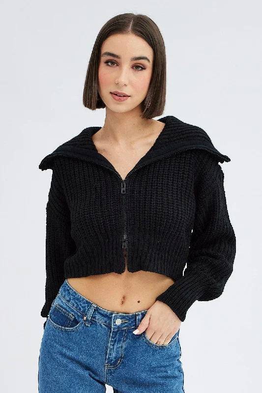 Women's Keyhole Neck SweatersBlack Zip up Crop Cardigan