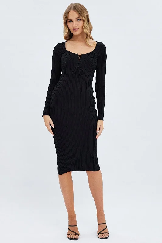 Women's Asymmetrical Hem SweatersBlack Knit Dress Long Sleeve Midi