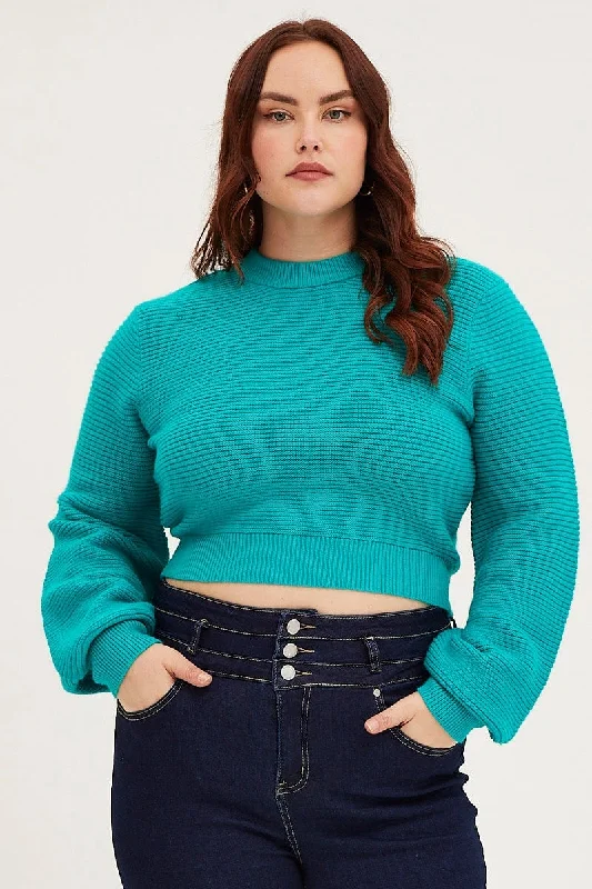 Women's Sweetheart Neck SweatersGreen Jumper Round Neck Long Sleeve Crop Knit