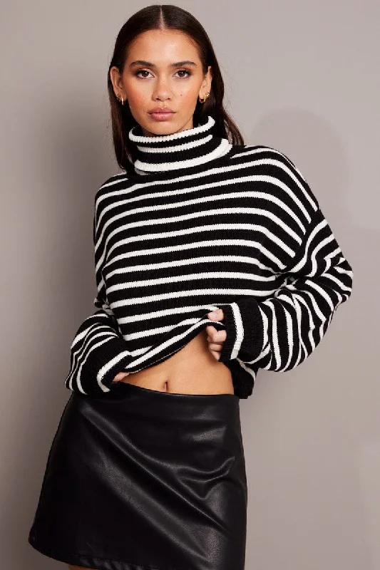 Women's Shirt Collar SweatersBlack Stripe Knit Top Long Sleeve High Neck