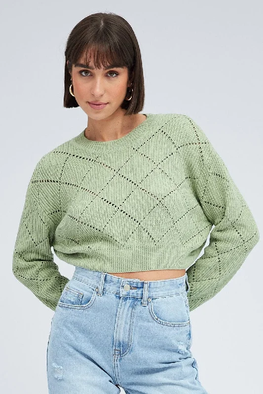 Women's Sweetheart Collar SweatersGreen Knit Jumper Long Sleeve Crew Neck