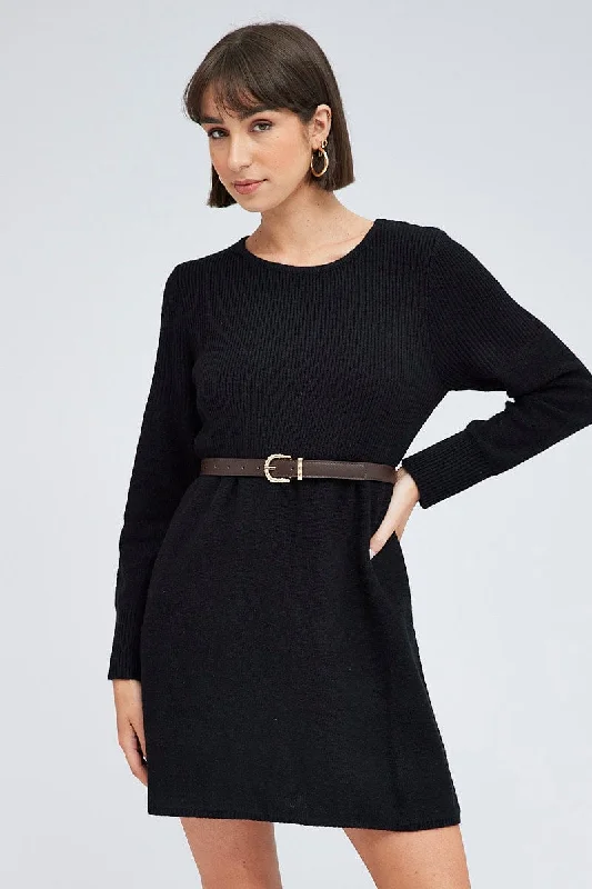 Women's Collarless Design SweatersBlack Knit Dress Long Sleeve