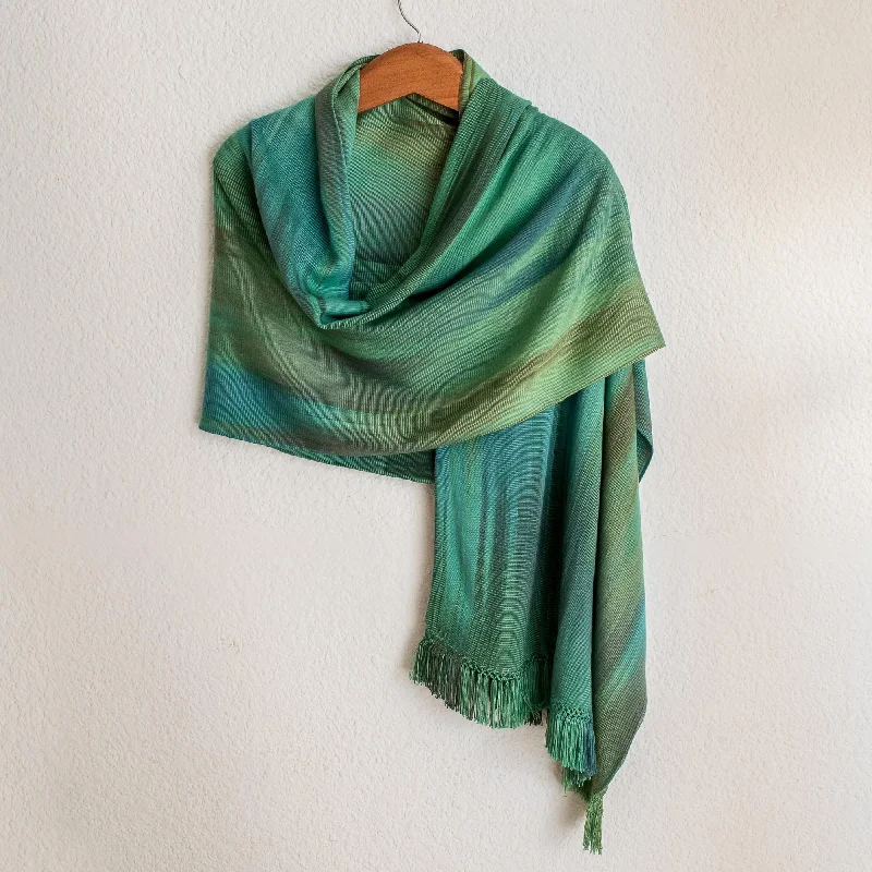 Women's Azerbaijani Wool SweatersPeaceful Green and Turquoise Hand Woven Rayon Chenille Shawl