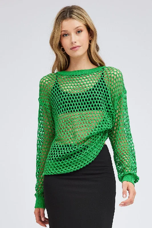 Women's Greek Wool SweatersGreen Oversized Knit Top Crew Neck