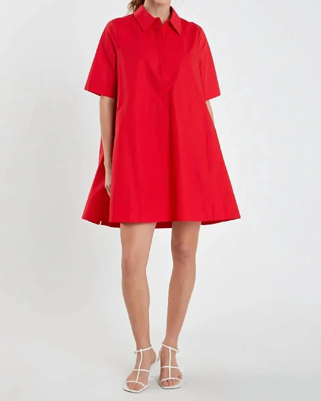 Women's Wide Collar DressesA- Line Short Sleeve Shirt Dress In Red