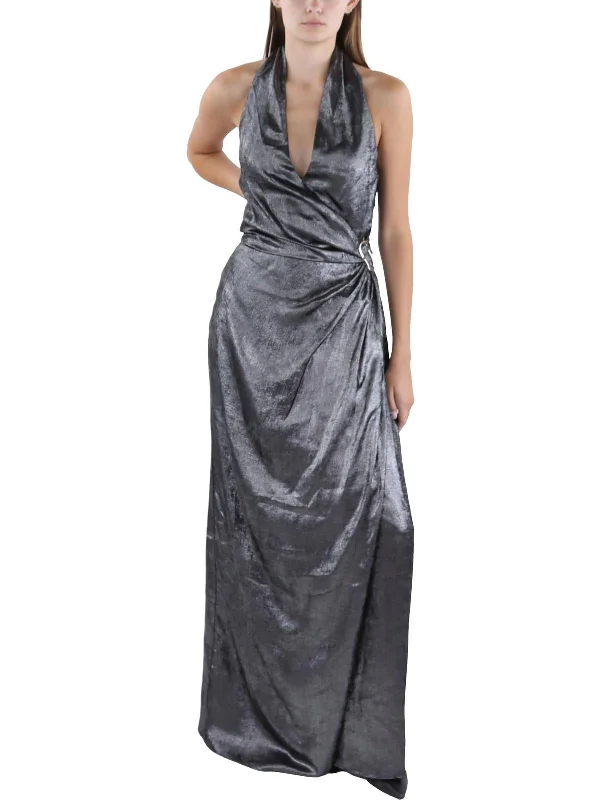 Women's Rounded Collar DressesGwyneth Womens Metallic Halter Evening Dress