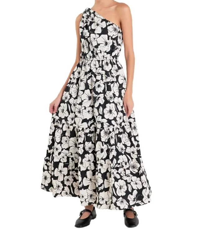 Women's Mandarin Collar DressesOne Shoulder Floral Dress In Black