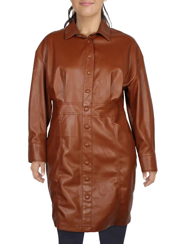 Women's Strapless DressesPlus Womens Collar Faux Leather Shirtdress