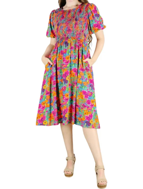 Women's Rounded Collar DressesSonnet Floral Dress In Fuchsia And Orange