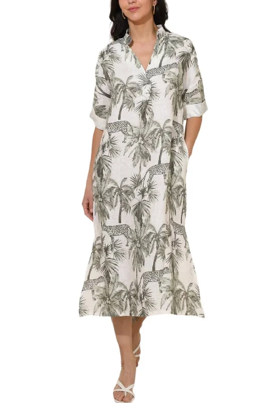 Women's High Collar DressesTropical Print Shirt Dress In Khaki