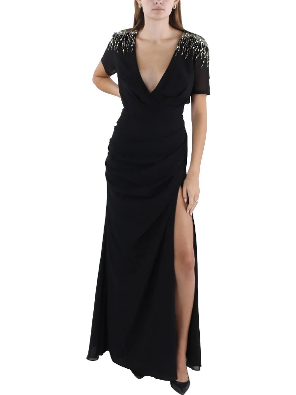 Women's Shawl Collar DressesWomens Chiffon Embellished Evening Dress