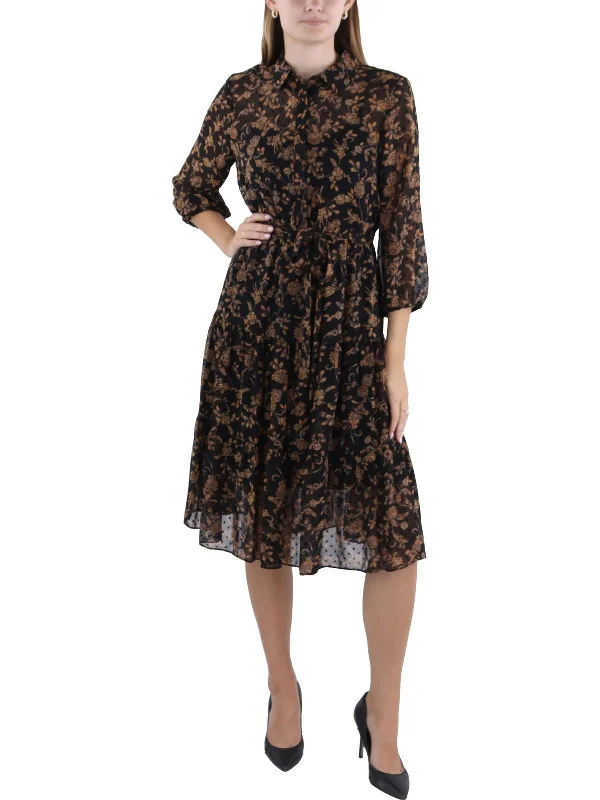 Women's Boat Collar DressesWomens Floral Print Knee-Length Shirtdress