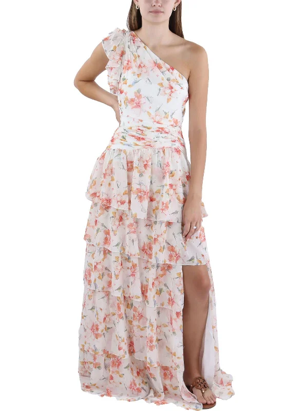 Women's Square Collar DressesWomens Floral Print One Shoulder Evening Dress